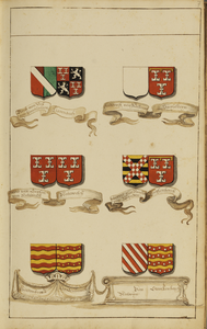 135405 Afbeelding van de wapenschilden van zes Utrechtse ridderhofsteden en hun bezitters: linksboven Lievendaal / Dirk ...